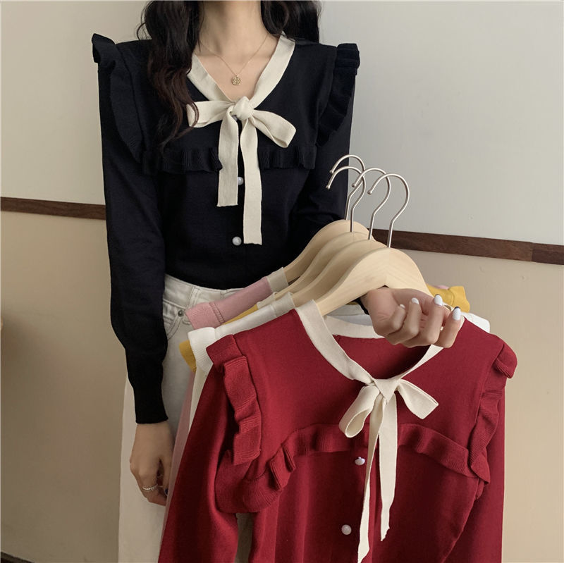 New bow tie tie short knit cardigan long sleeve with high waist sweater coat