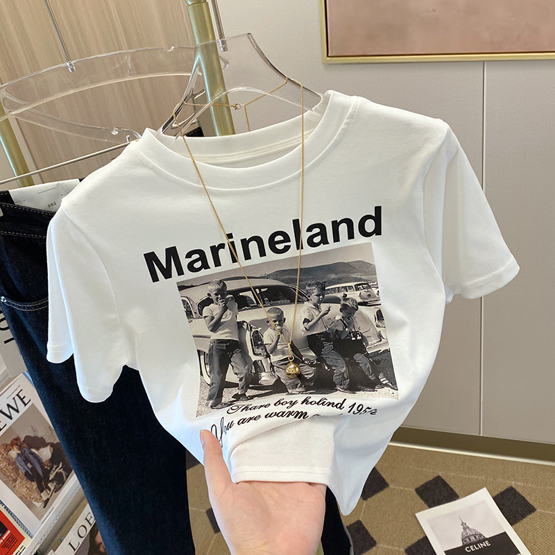 American retro print short sleeve T-shirt women's summer 2022 new niche trend short slim versatile top women