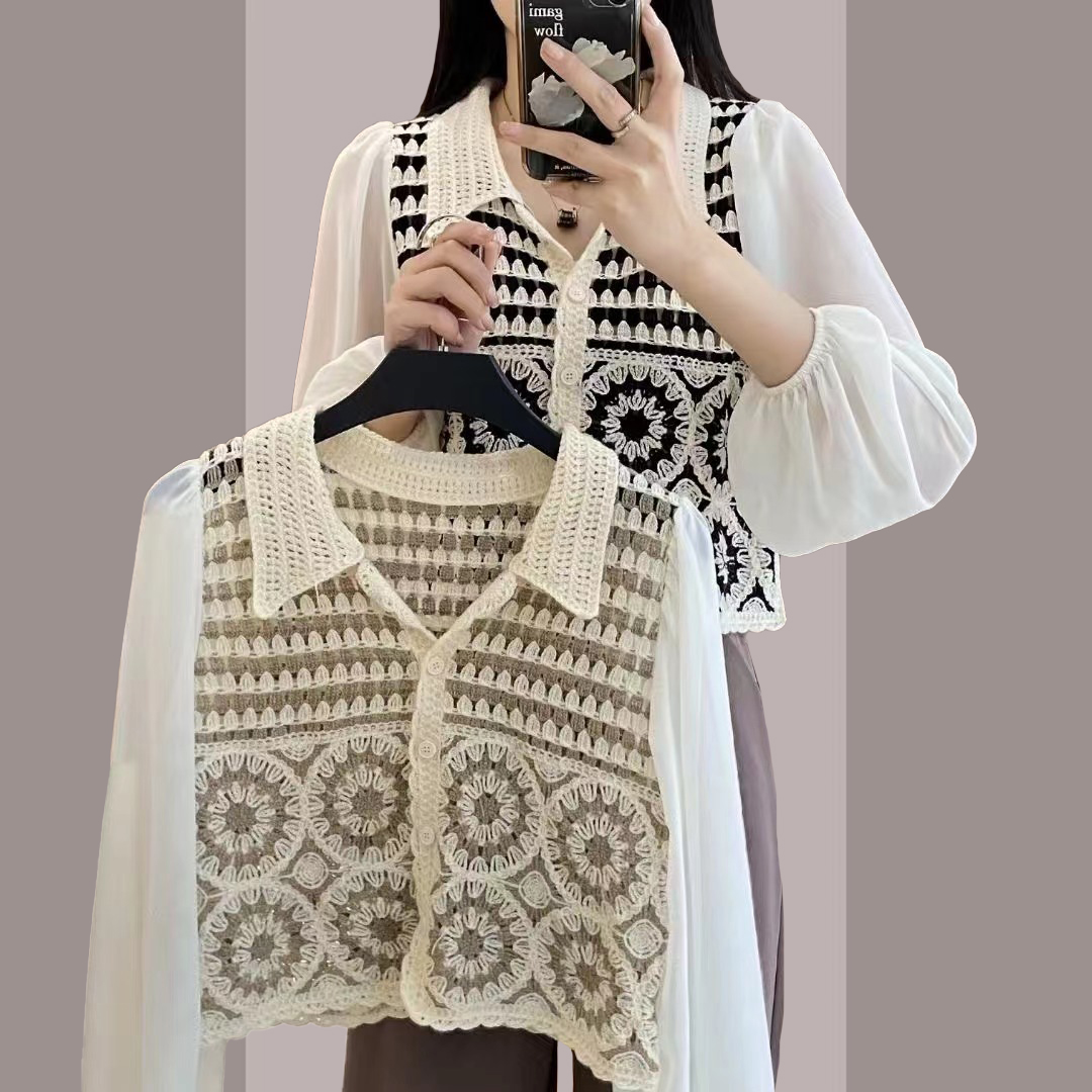 Retro crochet embroidery stitching chiffon long-sleeved lining slim fairy lining spring and autumn 2023 all-match loose top women