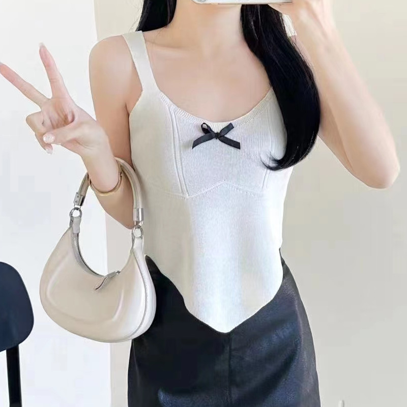 2023 spring and summer new design sense simple bowknot irregular knitted camisole top women