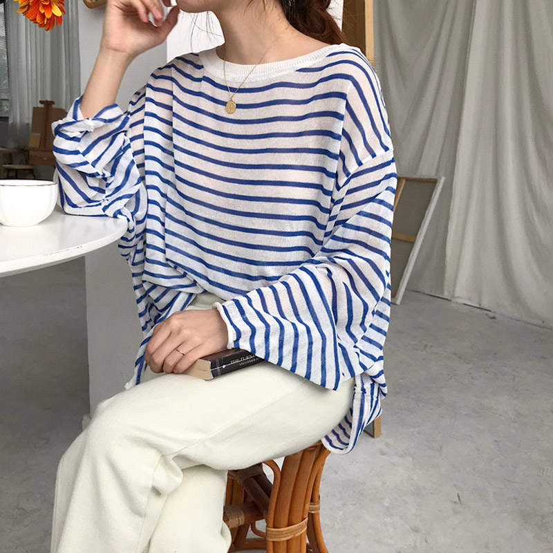 Summer ice silk sunscreen clothes for women 2021 new Korean lazy loose stripe thin long sleeve T-shirt for women