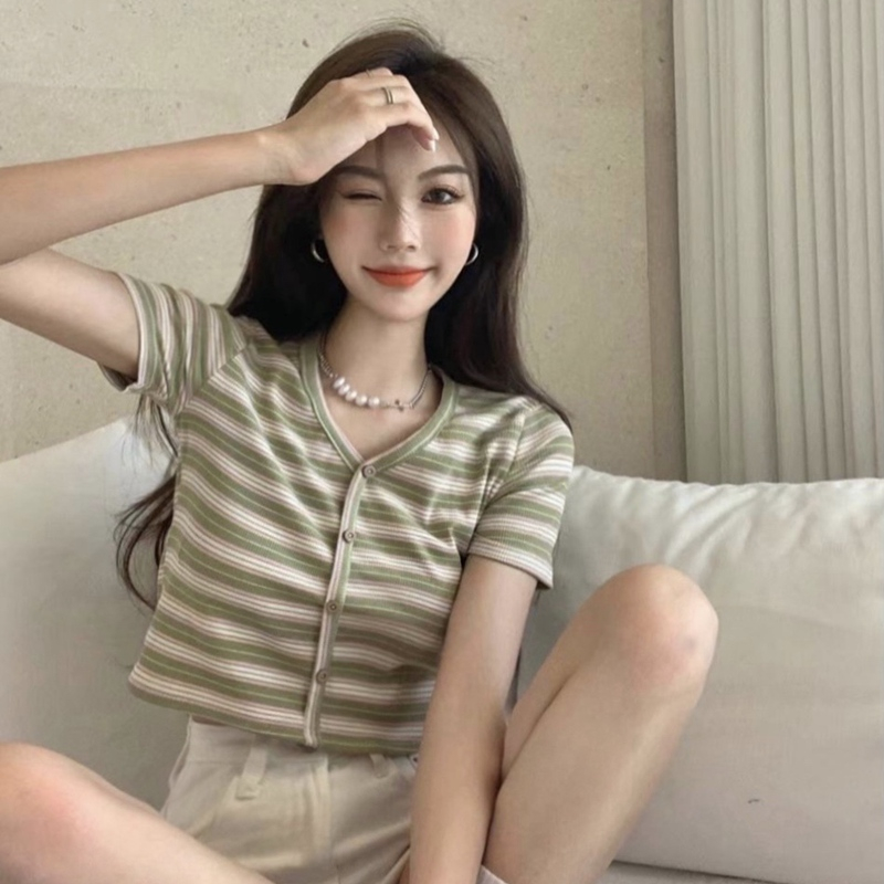 Official figure Imitation cotton rib pull frame Spice Girl stripe T-shirt women's summer V-neck short high waist slim fit
