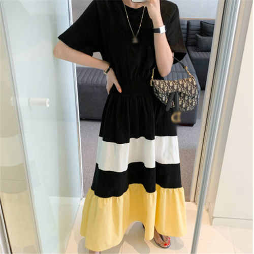 Dress women 2020 new color contrast long over the knee Slouchy big skirt children