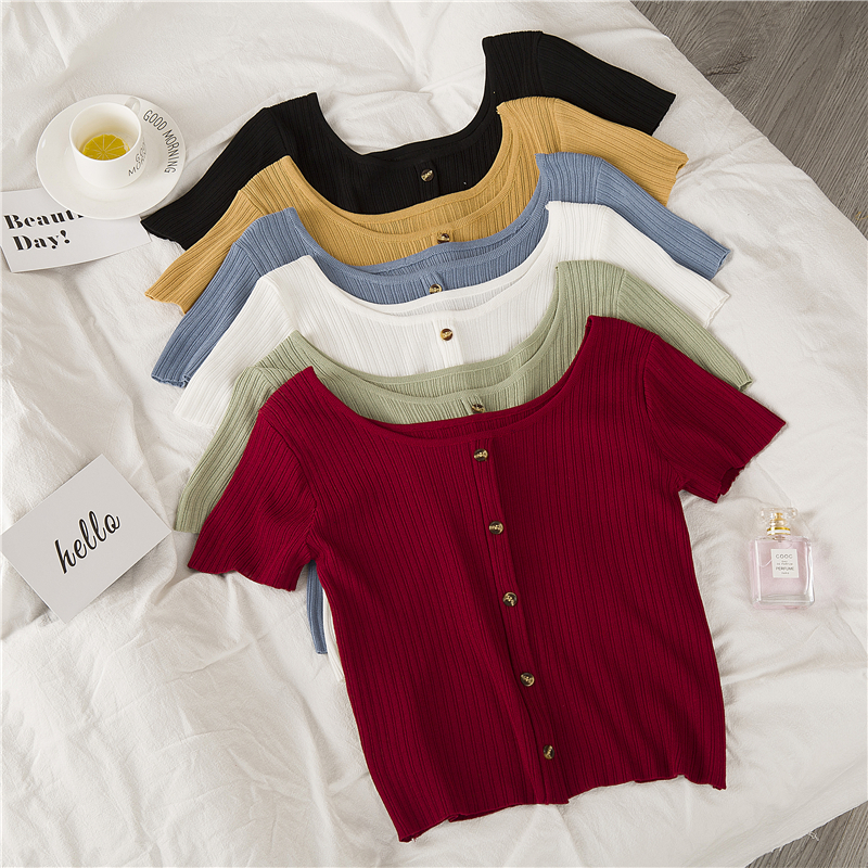 Hong Kong style retro low chest square neck top women 2020 new high waist short sleeve T-shirt ice silk short knitted bottoming shirt