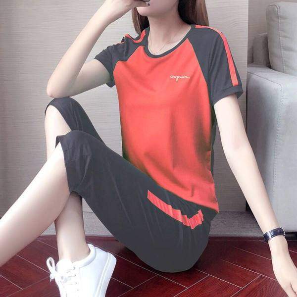 Leisure sports suit women's summer new fashion loose short sleeved Capri Pants Large running suit two-piece set