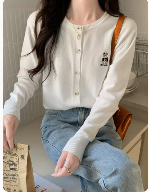 Autumn and winter ins all-match coat short sweater bottoming with foreign style knitted bear embroidery cardigan