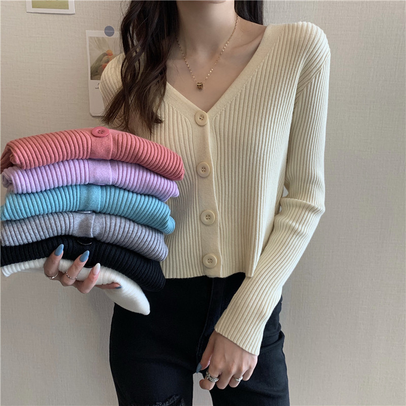 Knitted cardigan women's short style autumn and winter new style bm style pit strip sweater small coat women's long sleeve thin style