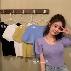 2020 new summer slim bubble sleeve T-shirt women's Korean version slim short solid short sleeve top fashion