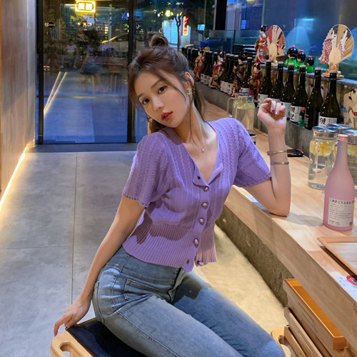 Beautiful summer purple top ins women's fashion short sleeve cardigan women's spring outside short T-shirt Knitted Top thin