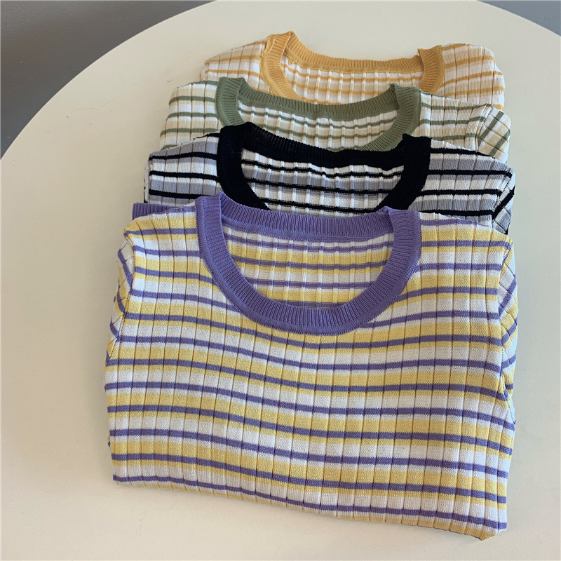 Real price ~ summer new striped knitting round neck thin T-shirt short top female