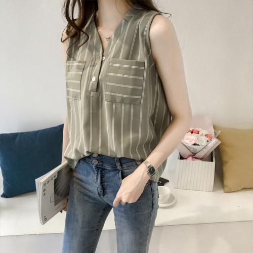 Summer 2020 new Korean large women's V-neck Stripe Shirt sleeveless top loose thin chiffon shirt