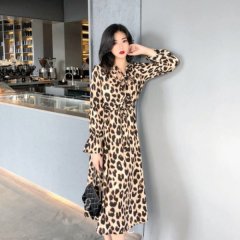 Dress fall / winter 2020 new Korean elastic waist leopard print mid length lace up Ruffle bottom dress