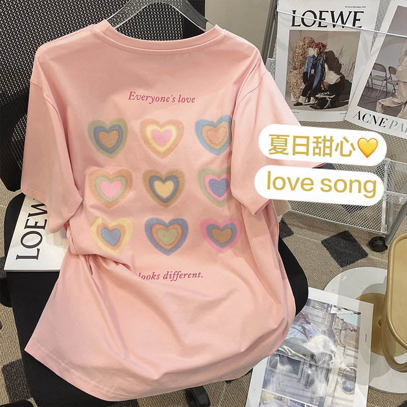 Real cotton 2022 new summer sweet fashion versatile short sleeve t-shirt female student