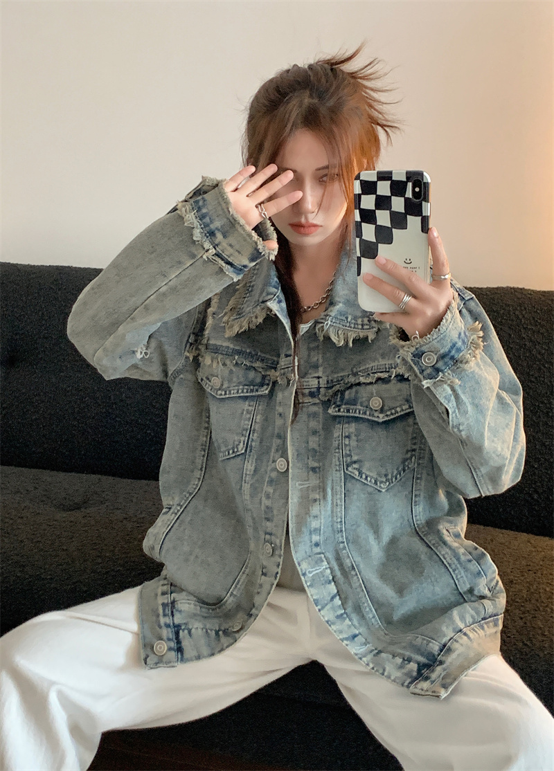 Denim fringed jacket women's autumn new chic retro design long-sleeved top