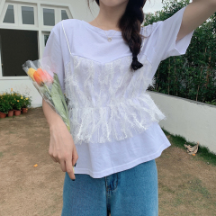 Real photo 6535 pull frame cotton lace splicing fake two T-shirts short sleeve waist closing sweet bottoming top women's small fragrance