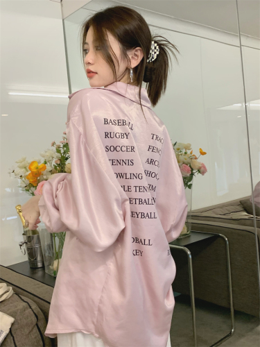 Real shot real price Satin shirt women's new loose long sleeve back letter printed top in spring and summer 2022