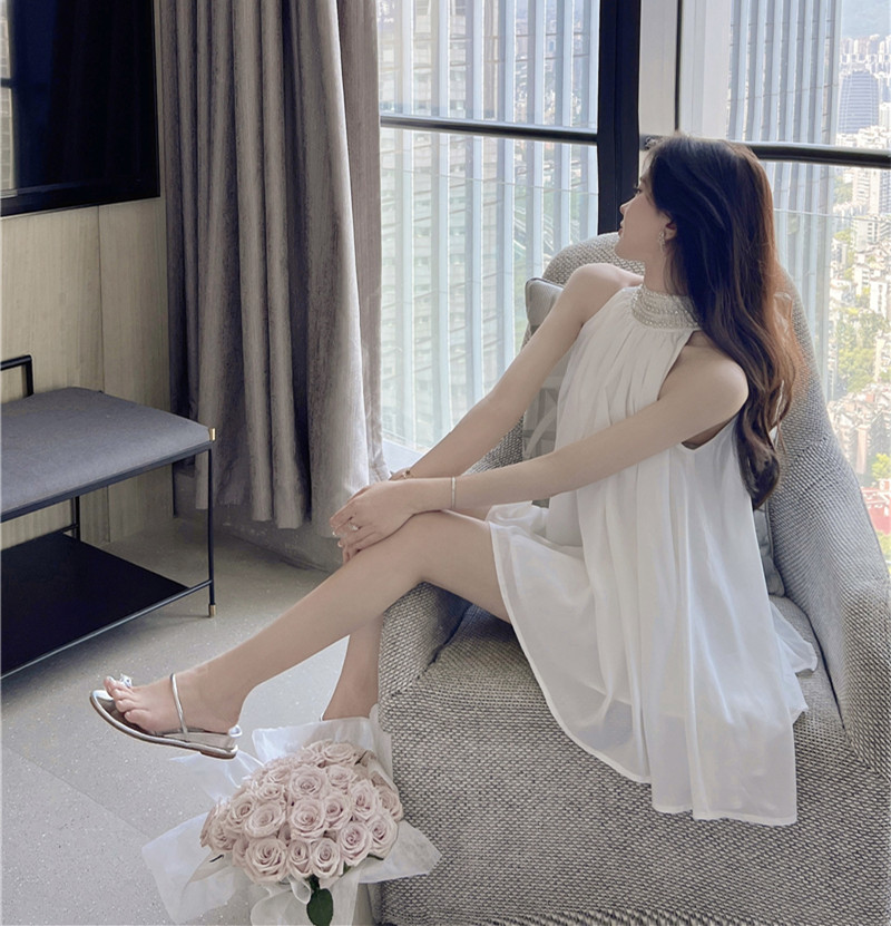 Real price real shot halter dress female summer high-end French fairy temperament chiffon sleeveless dress