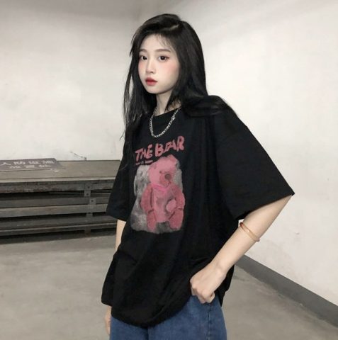2022 summer short sleeve t-shirt female student ins Cartoon Bear print age reducing loose girlfriends top