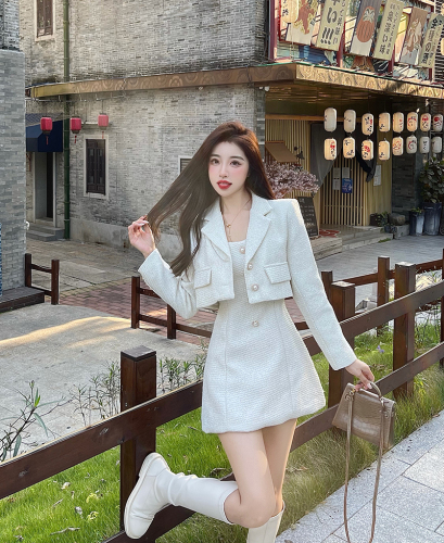 Real shot spot quilted thickened French small fragrance waist dress goddess fan suit skirt two-piece set
