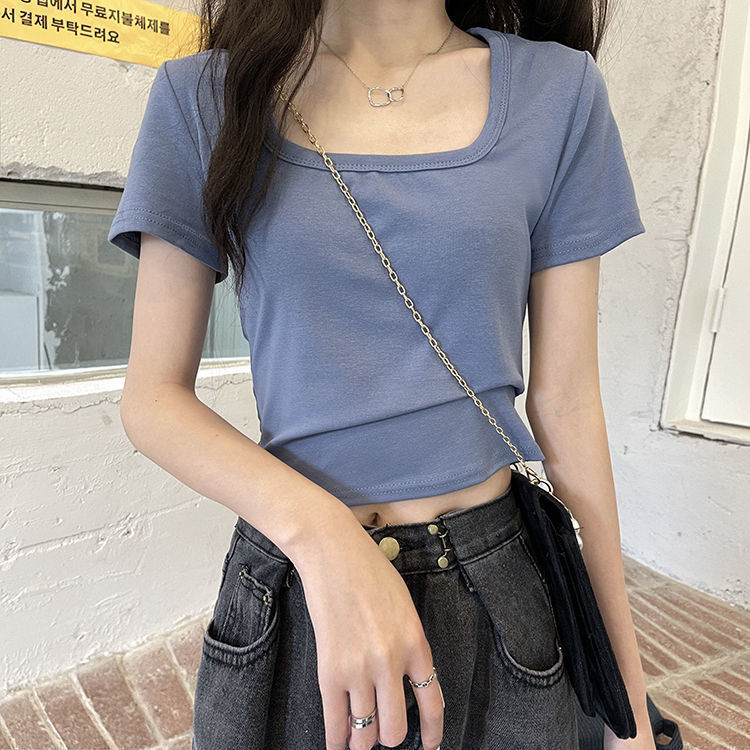 Summer short shirt women's solid color high waist slim fit hot girl all-match short-sleeved square collar