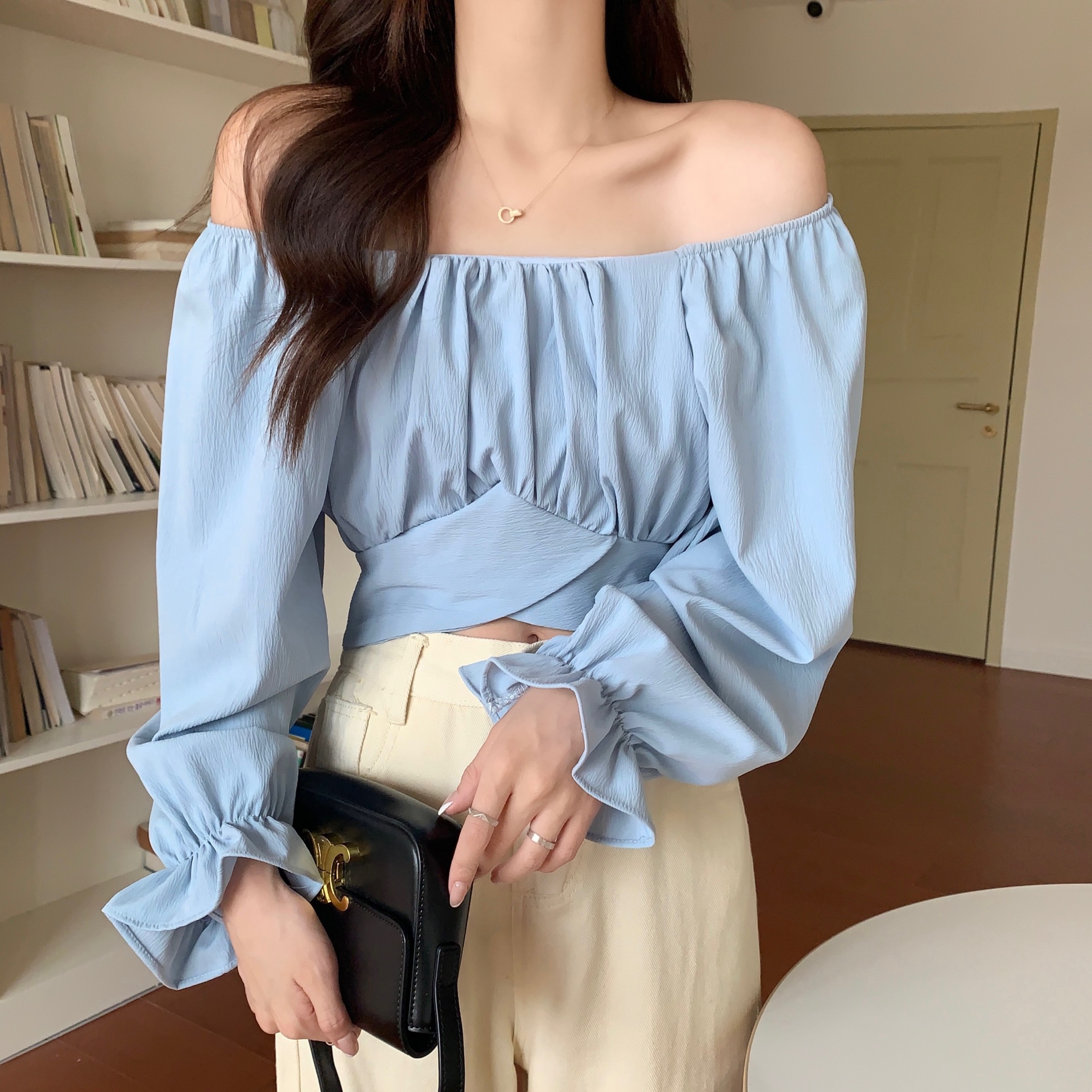 Real shot real price early autumn design sense one-word collar long-sleeved bow tie waistband slimming backless shirt top women
