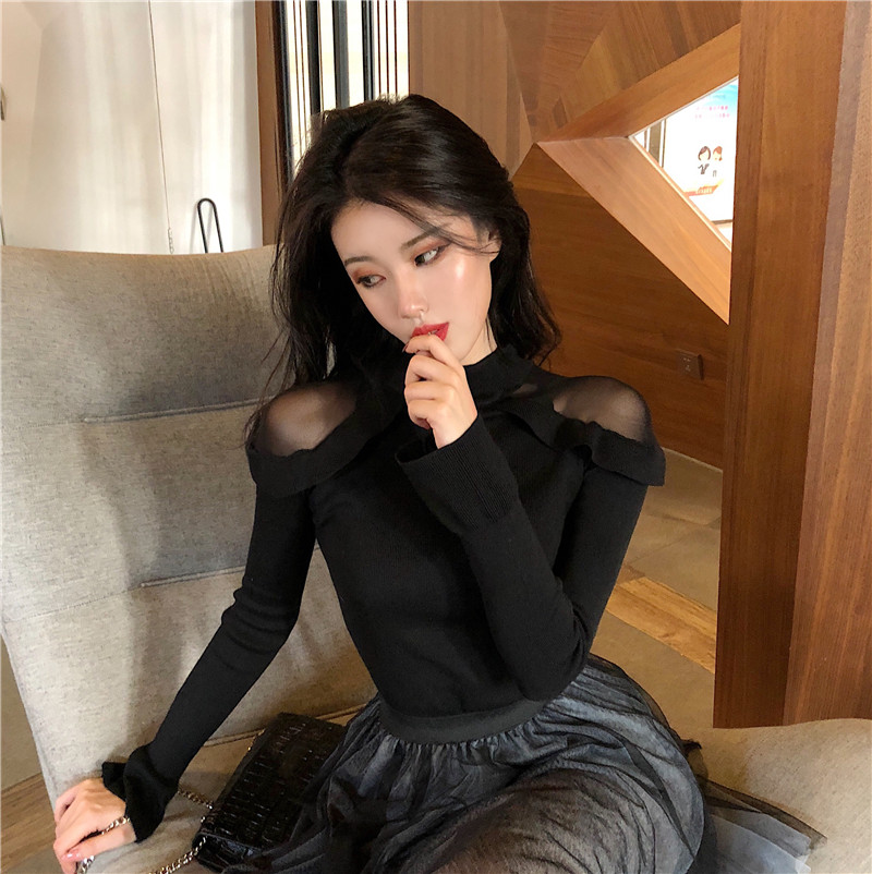 Real shot half high collar off shoulder mesh stitching Ruffle flared sleeve knitted bottoming shirt