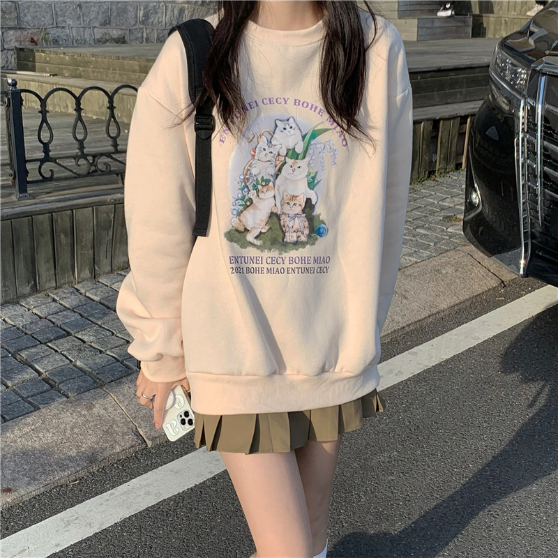 2022 winter new style back bag good quality cartoon printing plus size women's plus velvet thick round neck pullover sweater