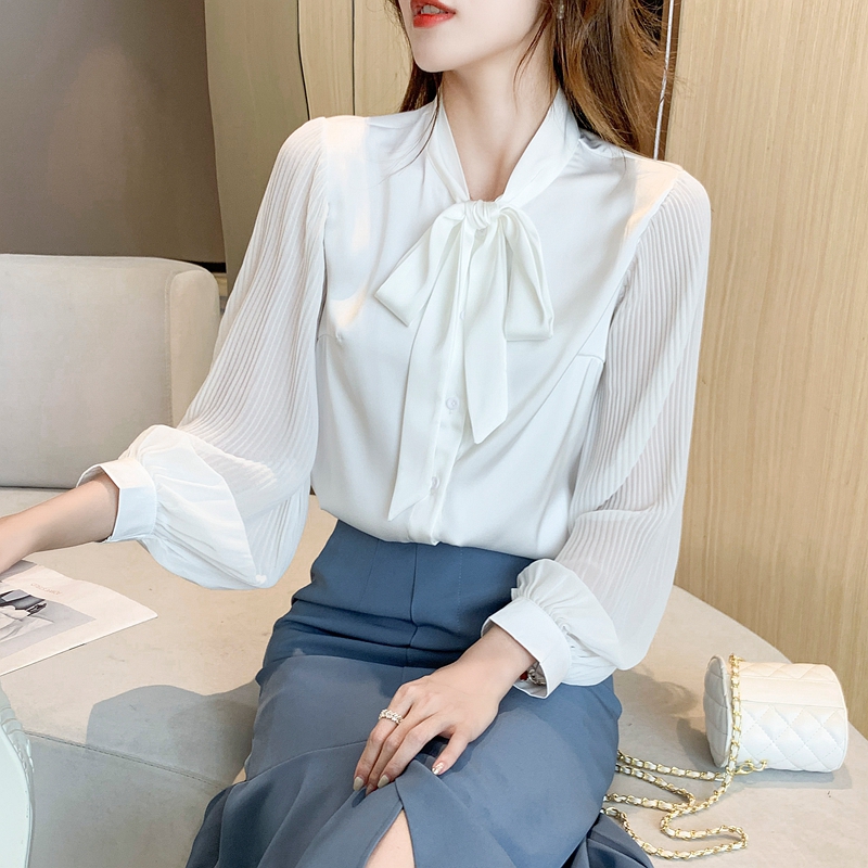 Bow business wear white shirt women's 2021 autumn new ribbon collar long sleeve loose foreign Style Chiffon Top