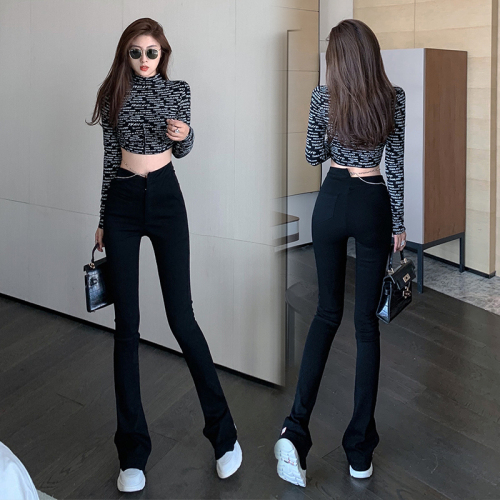 Actual shot of 2024 new black asymmetrical bell-bottom pants for women, high-waist casual, floor-length mopping horseshoe pants