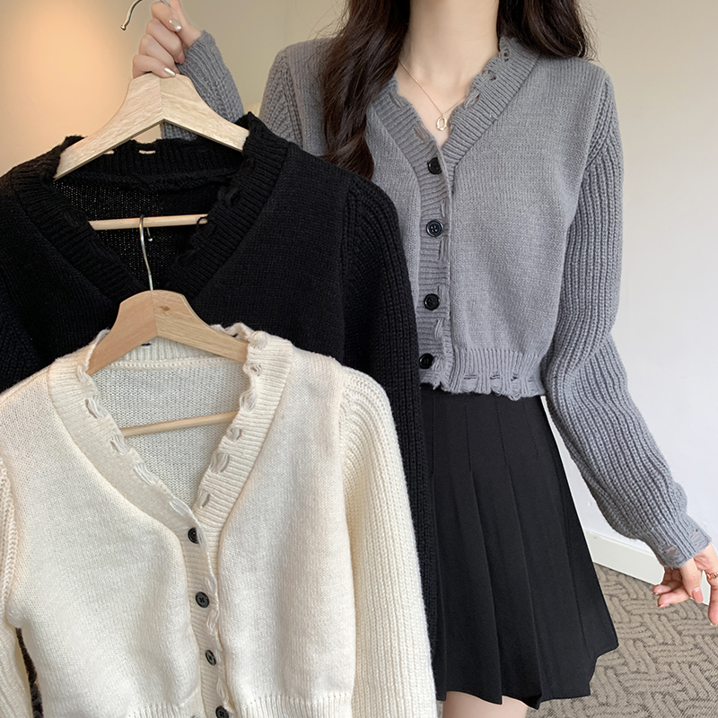 Real price real price autumn and winter new V-neck hole knitted sweater cardigan women's short top