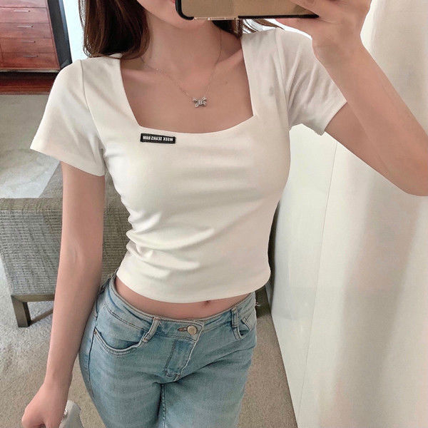 Retro French Square Neck Short High Waist Navel Short Sleeve T-Shirt Ladies Slim Summer Bottom Shirt