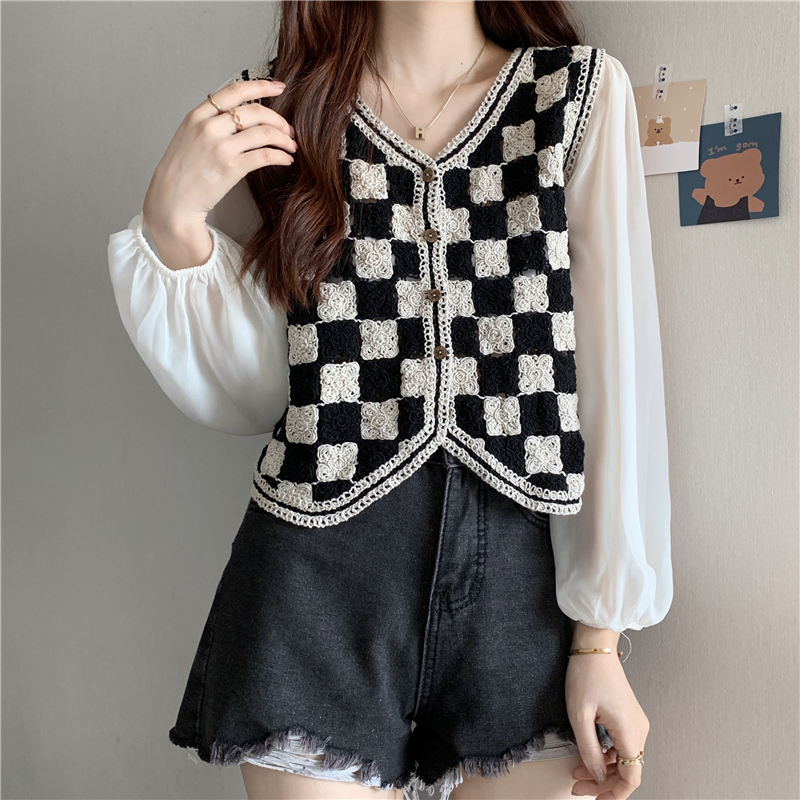Autumn New Vintage hollow out Crochet stitched Chiffon sleeve top