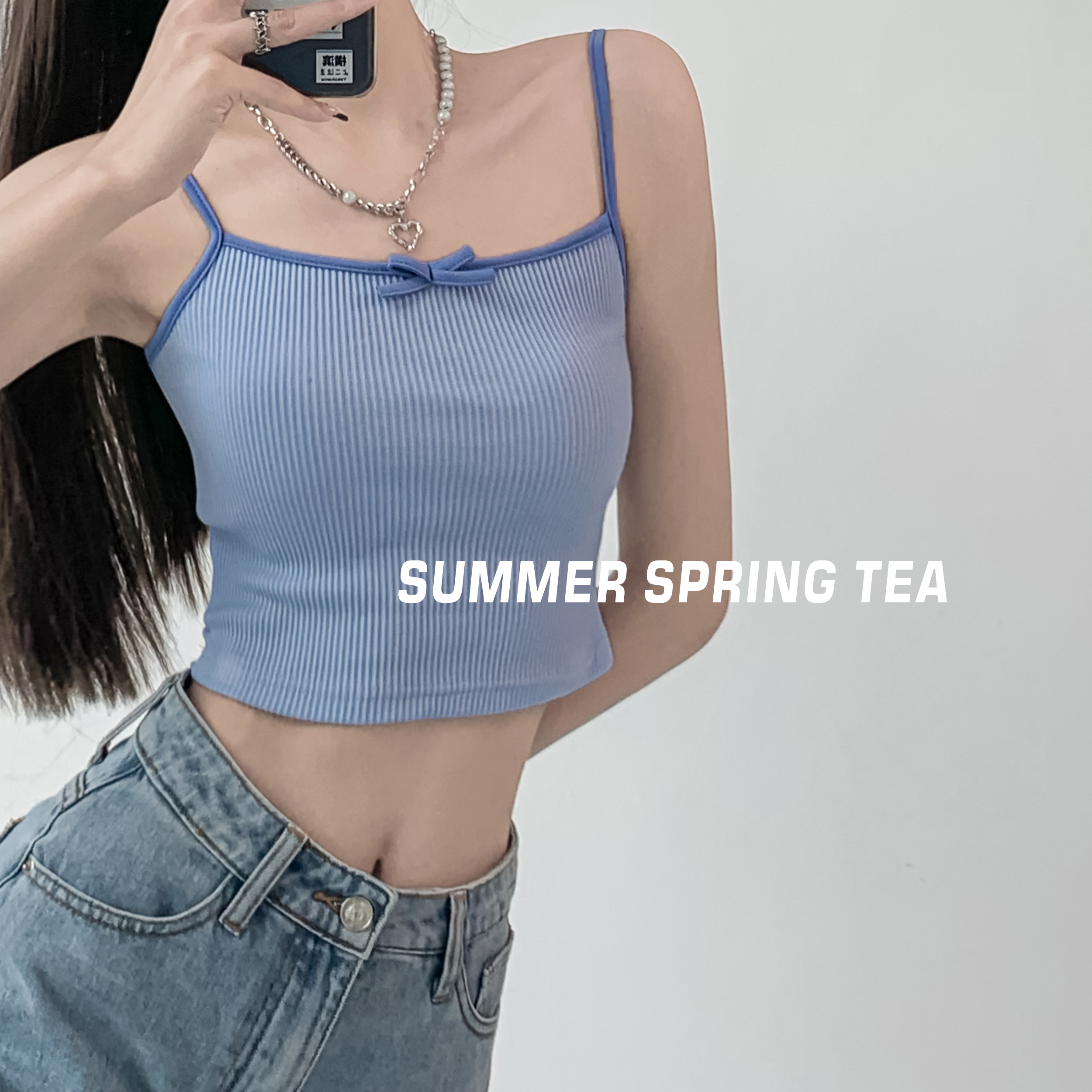Summer spring tea French girls bow suspender vest female summer slim sweater short navel top