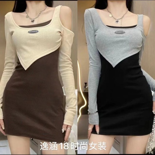  autumn new off-the-shoulder fake two-piece dress women's niche irregular self-cultivation slimming gas bag hip skirt