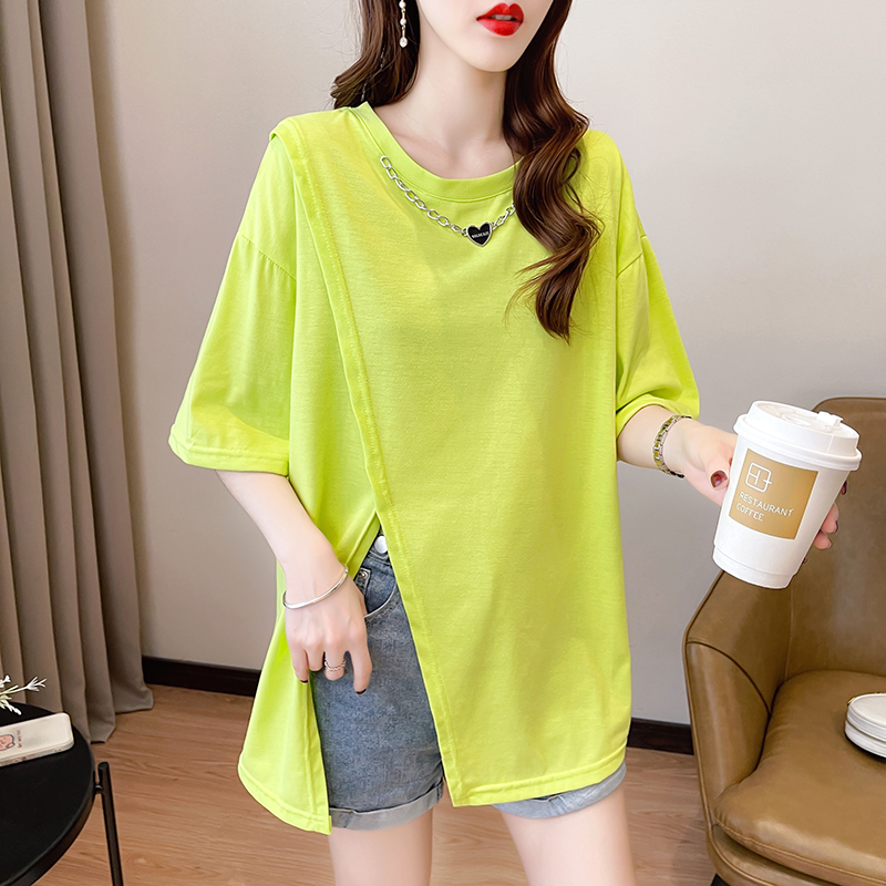 Real shot 6535 cotton design sense slit solid color T-shirt summer 2023 round neck short-sleeved T-shirt female