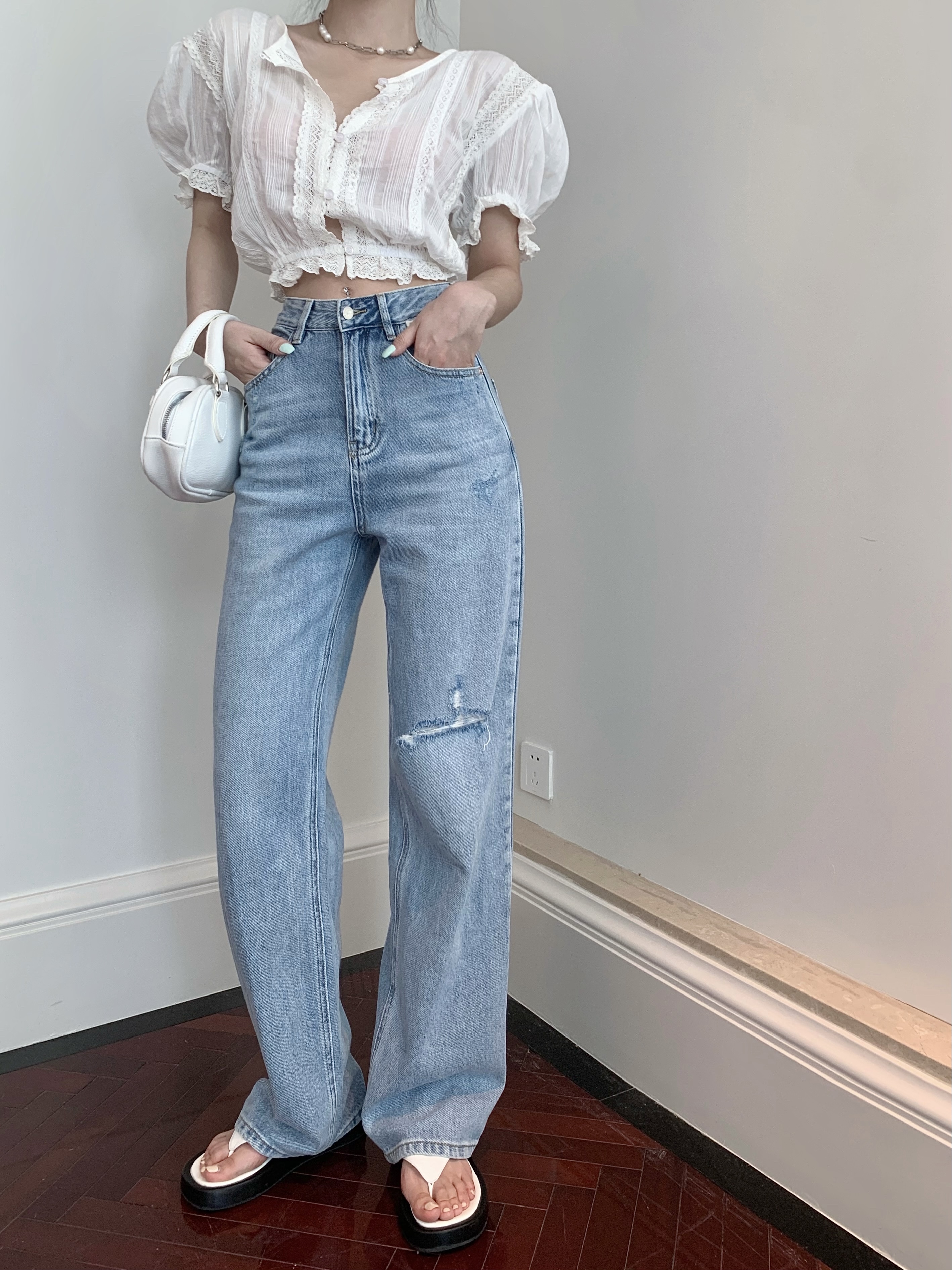 Real Price Real Price Retro Fashion Simple Straight Pants High Waist Craft Wide Leg Washing Water Falling Ripped Jeans