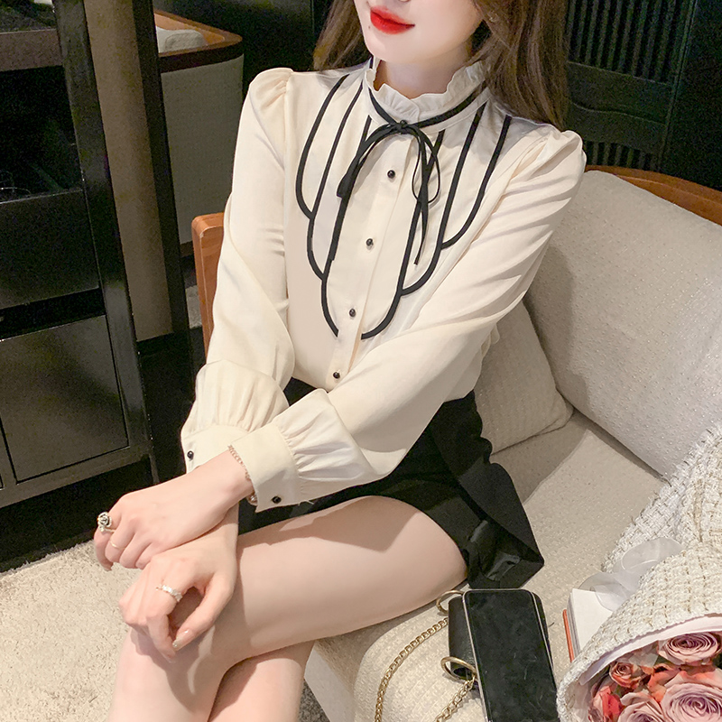 Palace style bow chiffon shirt women's 2022 spring new design style long sleeve chic top