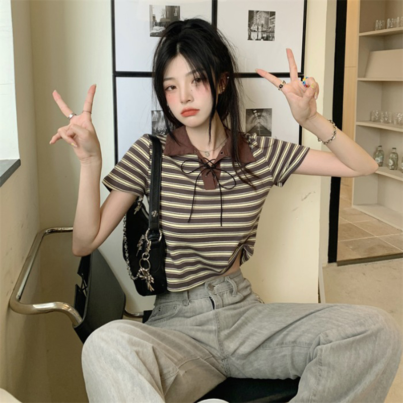 Official picture 6535 pull frame cotton original quality retro contrast color striped short-sleeved T-shirt female summer