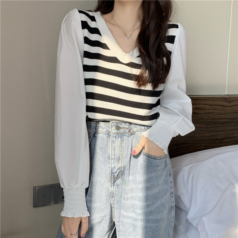 Real shot price ~ design sense V-neck short color contrast stripe knitted T-shirt with chiffon bubble sleeve shirt