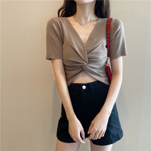 Real shot and real price 2020 new open navel short cross knot Short Sleeve T-Shirt Top woman