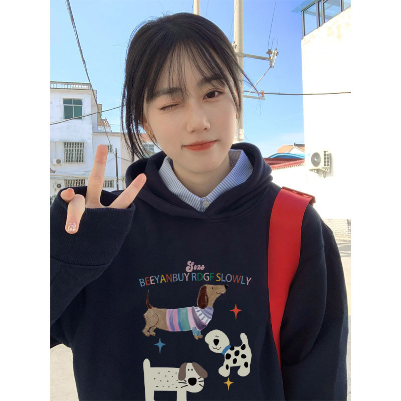 CVC Cotton Face, Silk Cotton Composite/Nylon 300g, Silver Fox Fur 400g, Front Printed Hooded Sweatshirt for Women