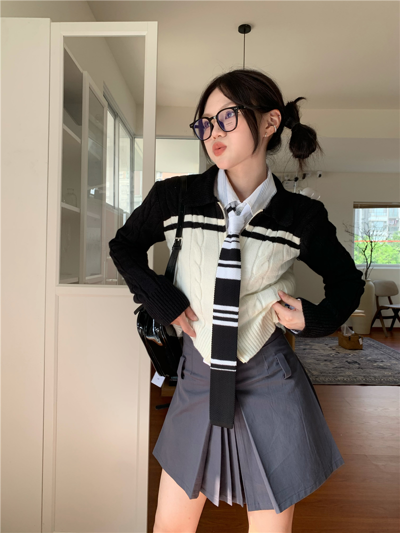 Real price Korean version contrast color polo collar double zipper twist knitted cardigan top sweater