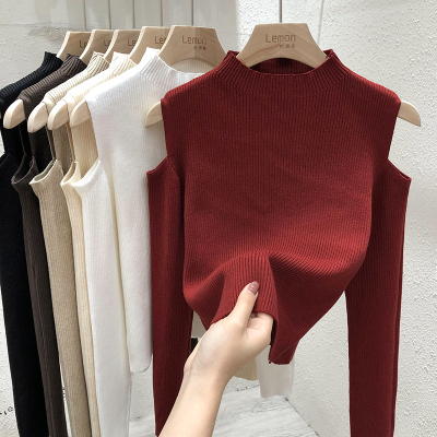 Sweater female 2021 new early autumn off shoulder top autumn high waist thin short black bottomed sweater sweater