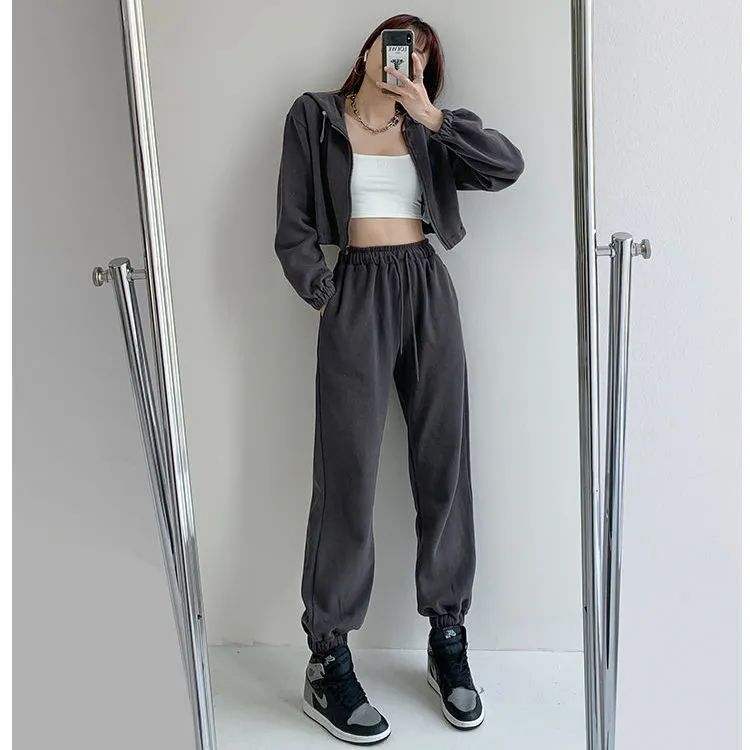 Waffle net red fashion casual suit women's spring and autumn short hooded jacket sports trousers two-piece set