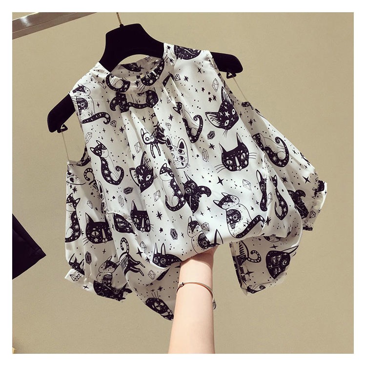 Large size women's wear new summer fat sister loose and thin belly covering top design sense off shoulder Short Sleeve Chiffon shirt