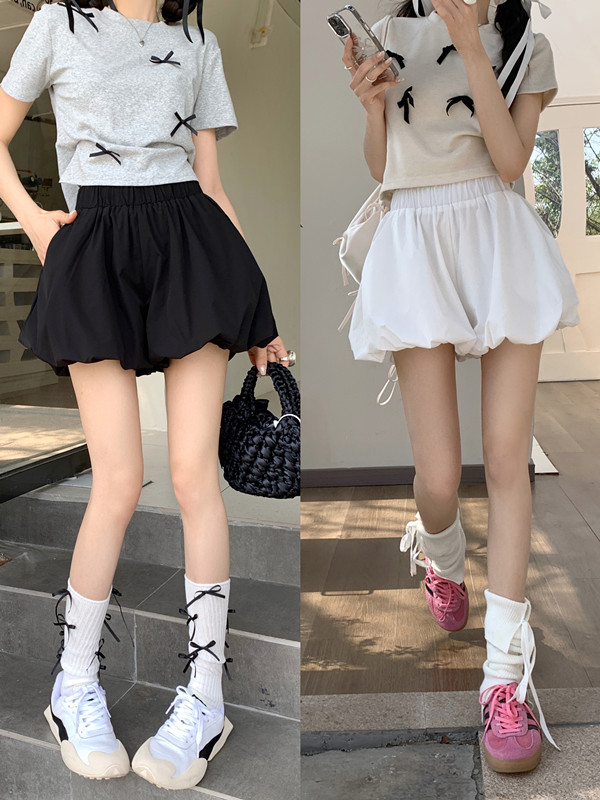 Shot Korean-style puff flower bud short-style elastic wide-leg pants