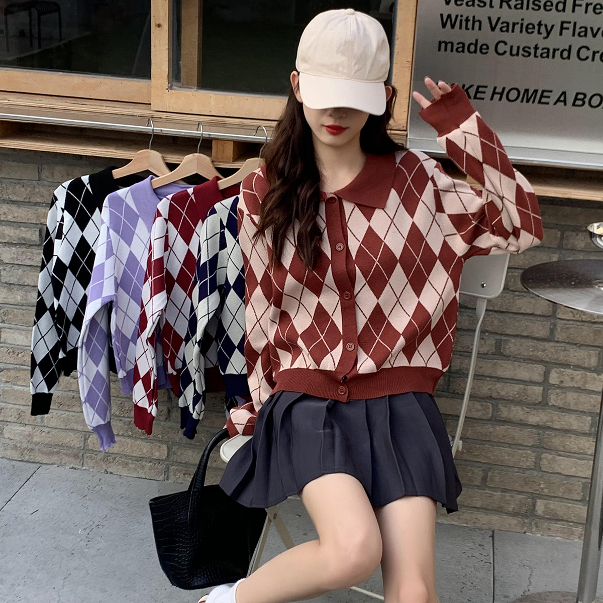 Real shot real price slim polo collar Ling check long sleeve short sweater