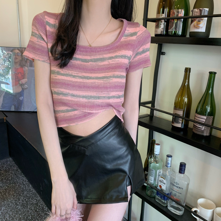 Real shot---Six wool square collar striped short-sleeved knitted women's summer slim and unique niche short top ins trend