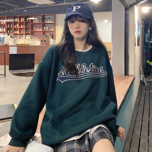 Actual shooting of winter Korean version new plush thickened Pullover women's round neck letter printed top