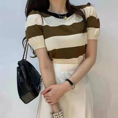 Korean autumn crowd round neck Pullover design color matching stripe slim long sleeve sweater